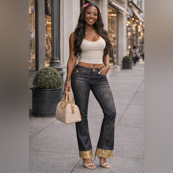 Louis Vuitton Denim - Louis Vuitton LV Metallic Gold Cuff Jeans Sz42 Dark Wash Designer Denim Rare Y2K